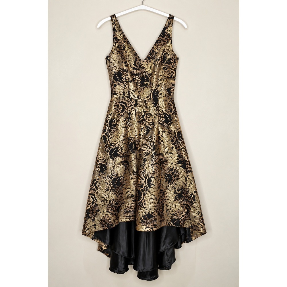 Calvin Klein Gold Black Sequin Lace High Low Floral Cocktail Dress 4